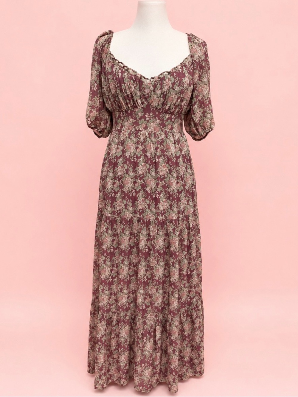 Mauve Floral Maxi Dress with Sweetheart Neckline - Picture 5 of 9